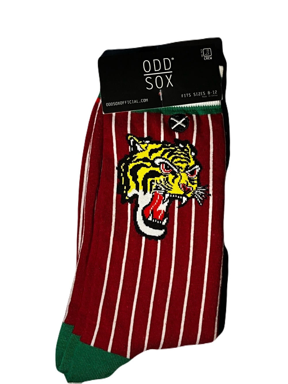 Odd Sox Men's Burgundy Striped Crew Socks with Tiger Motif